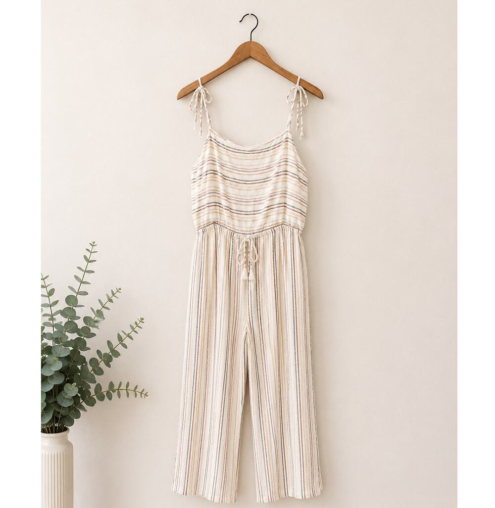 Bohme Womens White Coastal Jumpsuit Size M 3/4 Leg Nautical Boho Romper Stripes